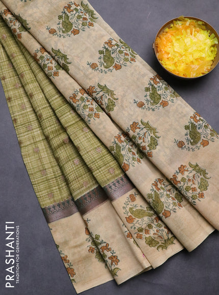 Chanderi silk cotton saree green and beige with allover zari buttas & prints and printed butta border