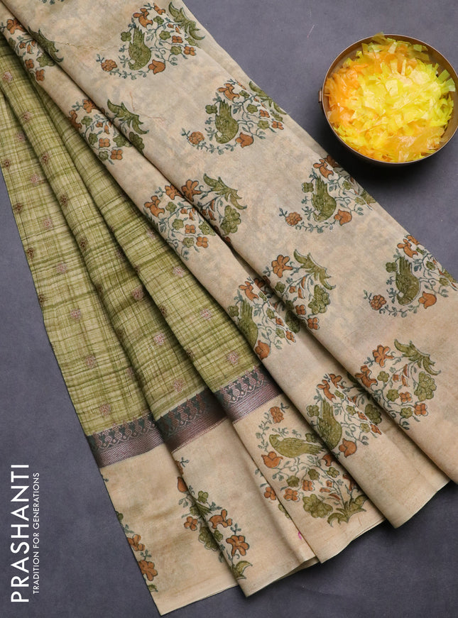Chanderi silk cotton saree green and beige with allover zari buttas & prints and printed butta border