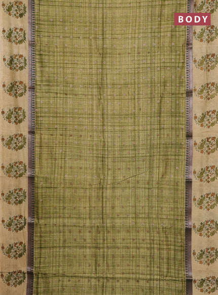 Chanderi silk cotton saree green and beige with allover zari buttas & prints and printed butta border