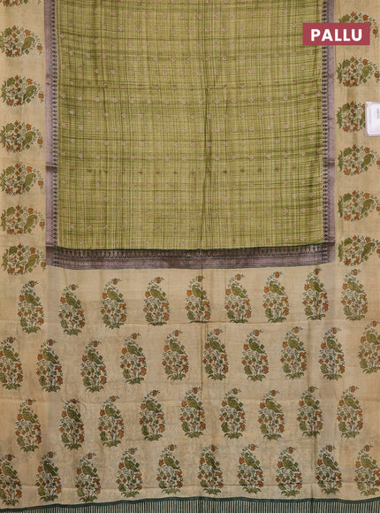 Chanderi silk cotton saree green and beige with allover zari buttas & prints and printed butta border