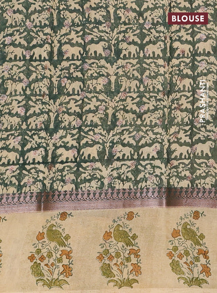 Chanderi silk cotton saree green and beige with allover zari buttas & prints and printed butta border