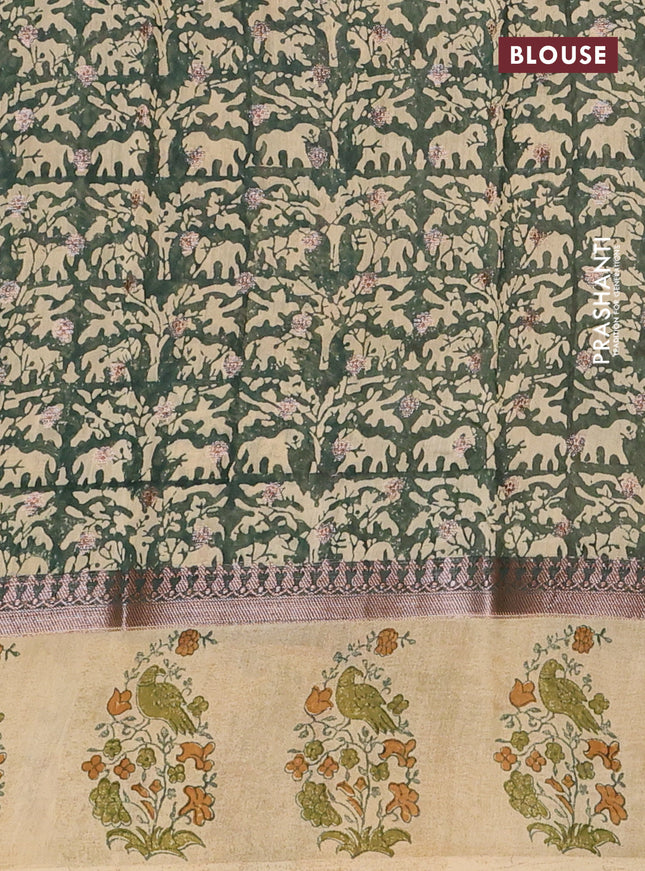 Chanderi silk cotton saree green and beige with allover zari buttas & prints and printed butta border