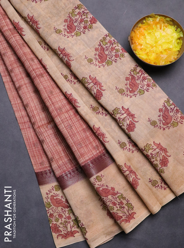 Chanderi silk cotton saree rust shade and beige with allover zari buttas & prints and printed butta border