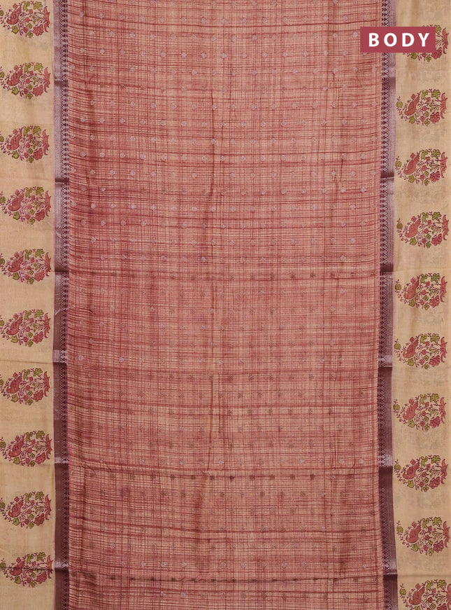 Chanderi silk cotton saree rust shade and beige with allover zari buttas & prints and printed butta border
