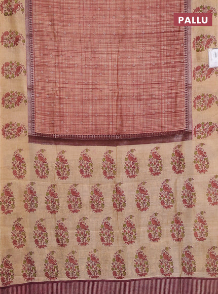 Chanderi silk cotton saree rust shade and beige with allover zari buttas & prints and printed butta border