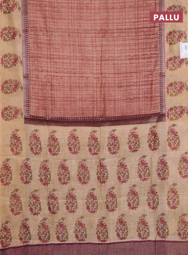 Chanderi silk cotton saree rust shade and beige with allover zari buttas & prints and printed butta border