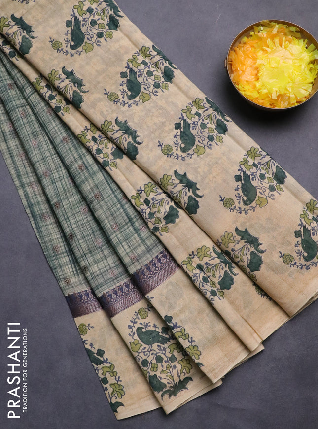 Chanderi silk cotton saree dark green and beige with allover zari buttas & prints and printed butta border