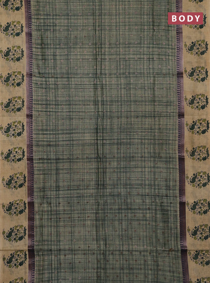 Chanderi silk cotton saree dark green and beige with allover zari buttas & prints and printed butta border