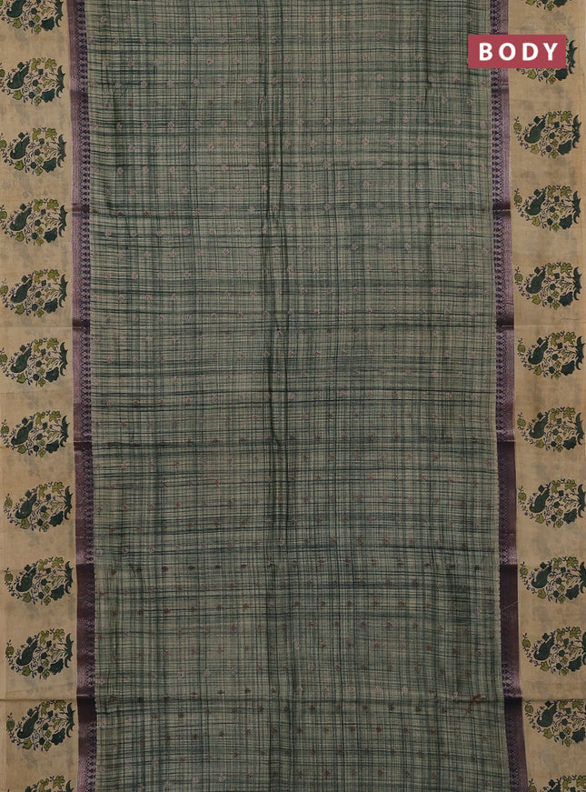 Chanderi silk cotton saree dark green and beige with allover zari buttas & prints and printed butta border