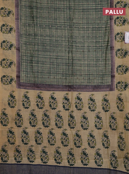 Chanderi silk cotton saree dark green and beige with allover zari buttas & prints and printed butta border