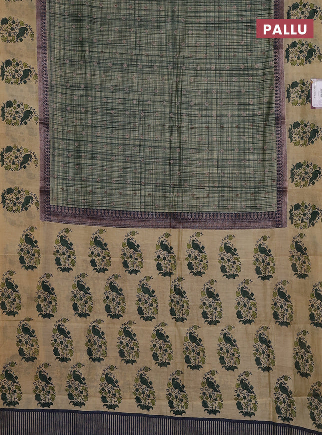 Chanderi silk cotton saree dark green and beige with allover zari buttas & prints and printed butta border