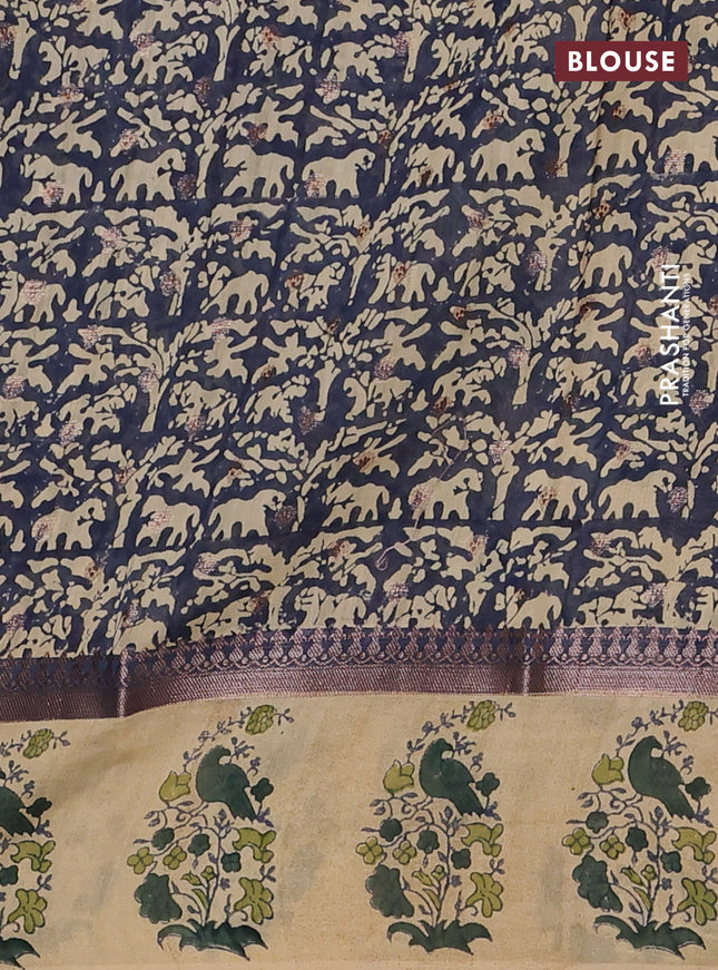 Chanderi silk cotton saree dark green and beige with allover zari buttas & prints and printed butta border