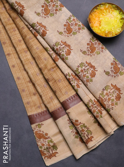 Chanderi silk cotton saree sandal and beige with allover zari buttas & prints and printed butta border