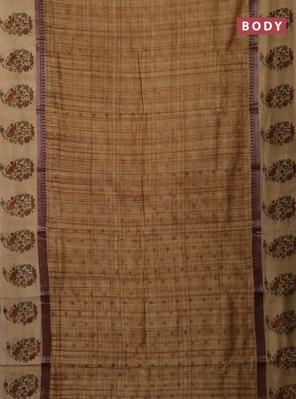 Chanderi silk cotton saree sandal and beige with allover zari buttas & prints and printed butta border