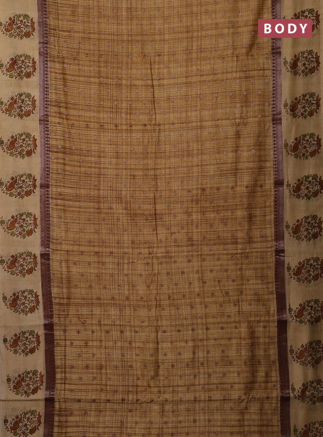 Chanderi silk cotton saree sandal and beige with allover zari buttas & prints and printed butta border