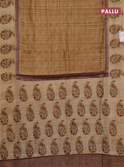 Chanderi silk cotton saree sandal and beige with allover zari buttas & prints and printed butta border