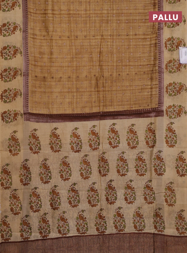 Chanderi silk cotton saree sandal and beige with allover zari buttas & prints and printed butta border