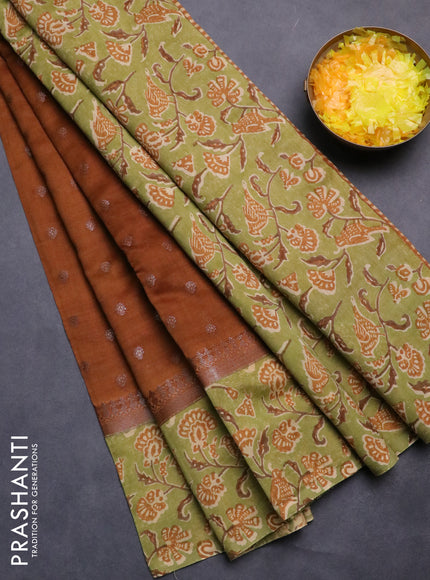 Chanderi silk cotton saree dark mustard and green with allover zari buttas and printed border