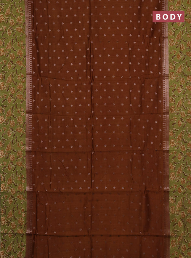 Chanderi silk cotton saree dark mustard and green with allover zari buttas and printed border