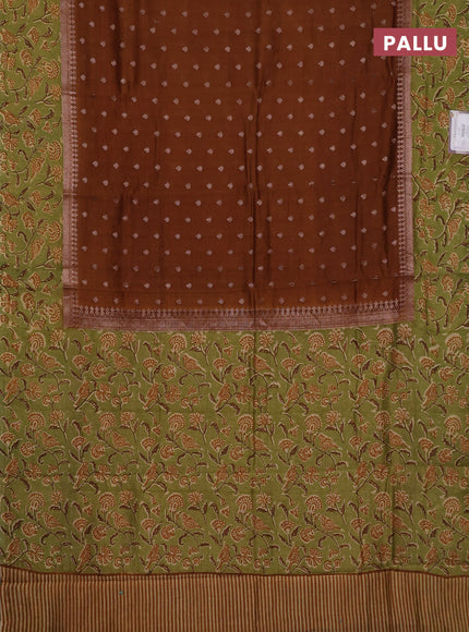 Chanderi silk cotton saree dark mustard and green with allover zari buttas and printed border