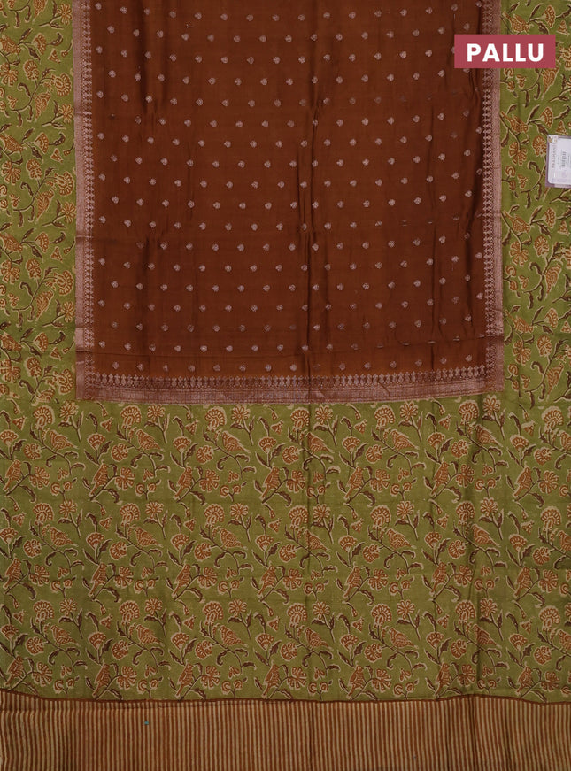 Chanderi silk cotton saree dark mustard and green with allover zari buttas and printed border