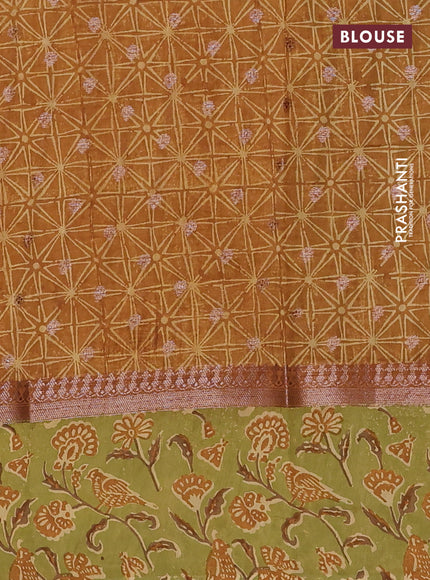 Chanderi silk cotton saree dark mustard and green with allover zari buttas and printed border