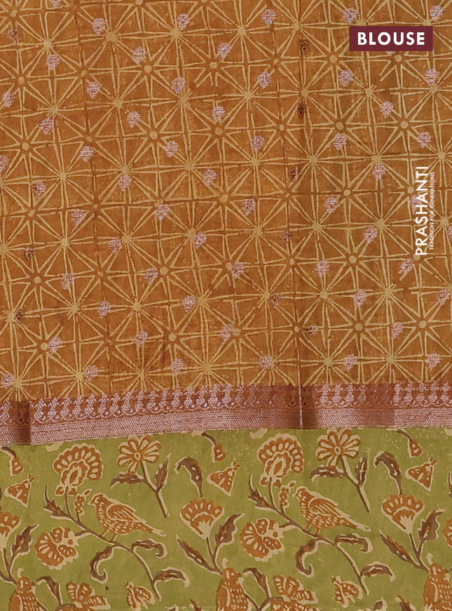 Chanderi silk cotton saree dark mustard and green with allover zari buttas and printed border