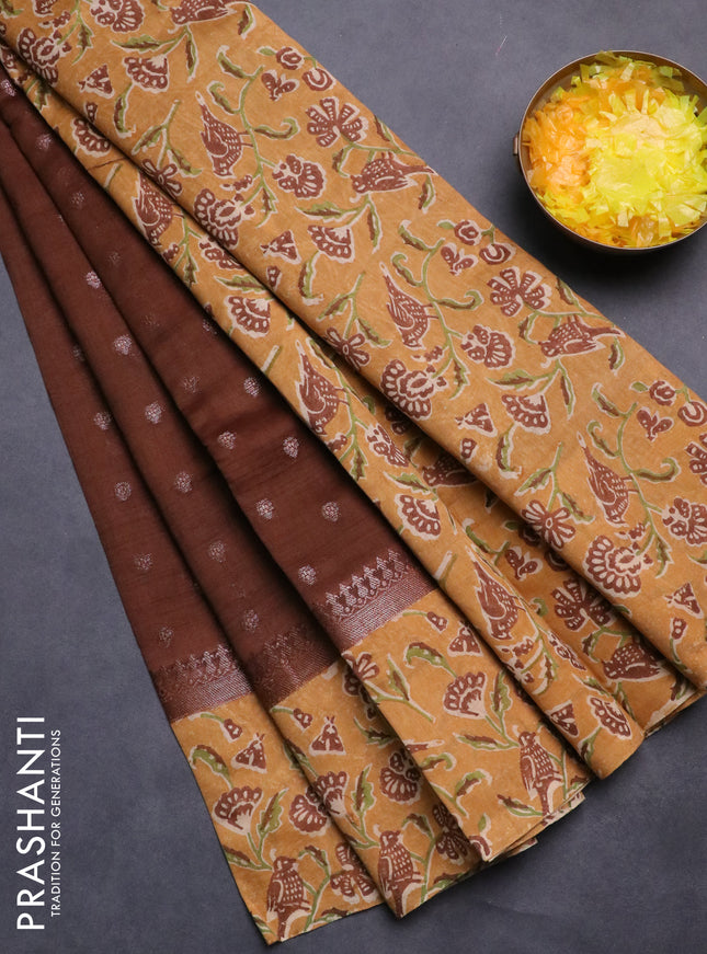 Chanderi silk cotton saree brown and sandal with allover zari buttas and printed border