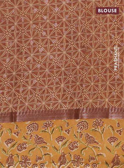 Chanderi silk cotton saree brown and sandal with allover zari buttas and printed border