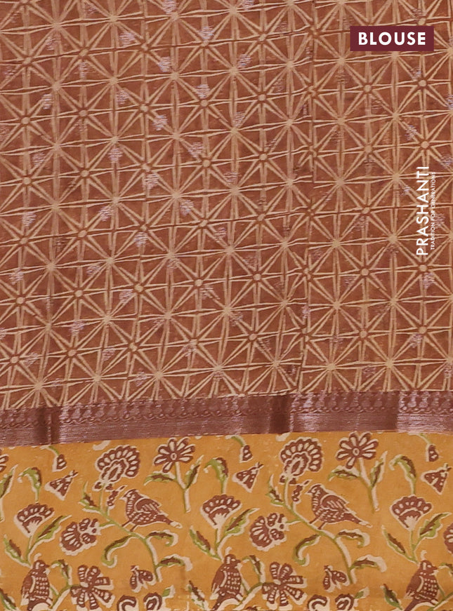 Chanderi silk cotton saree brown and sandal with allover zari buttas and printed border