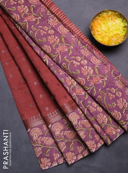 Chanderi silk cotton saree rust shade and purple shade with allover zari buttas and printed border