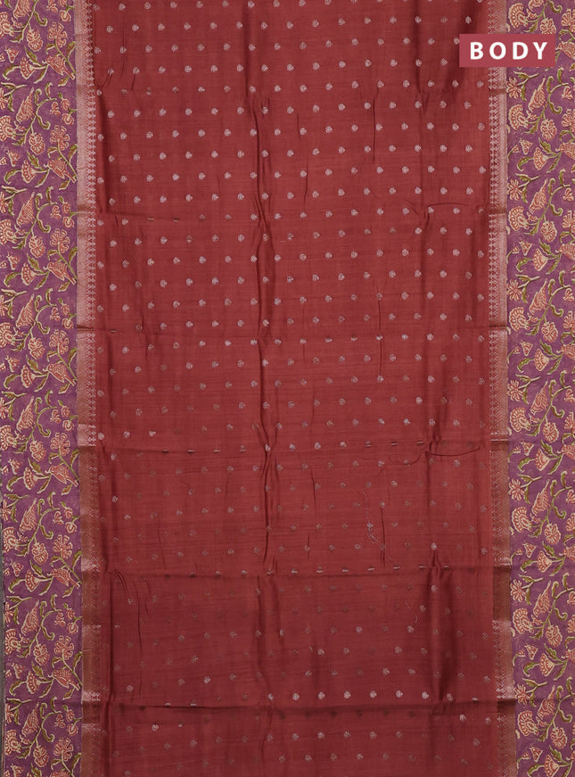 Chanderi silk cotton saree rust shade and purple shade with allover zari buttas and printed border