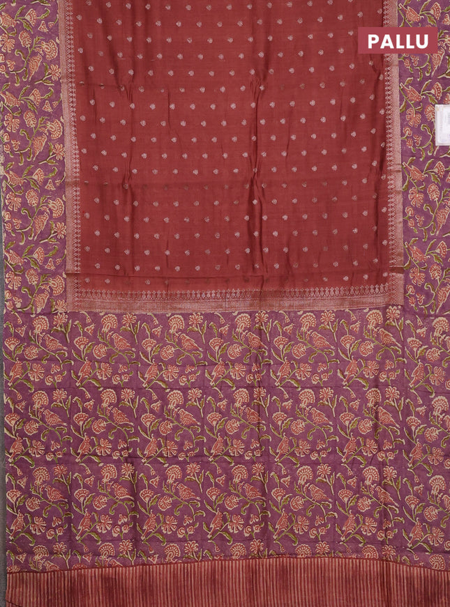 Chanderi silk cotton saree rust shade and purple shade with allover zari buttas and printed border