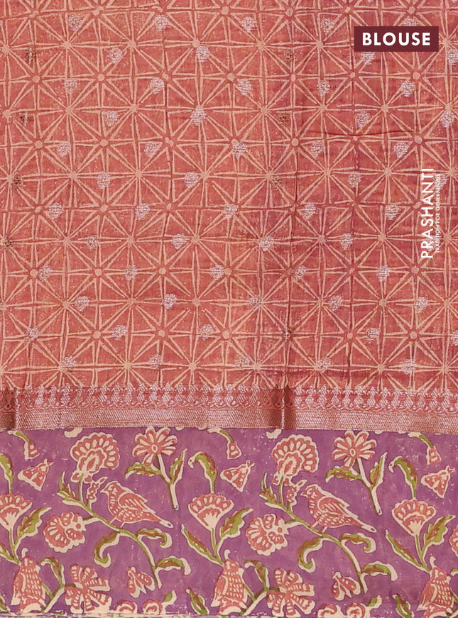 Chanderi silk cotton saree rust shade and purple shade with allover zari buttas and printed border