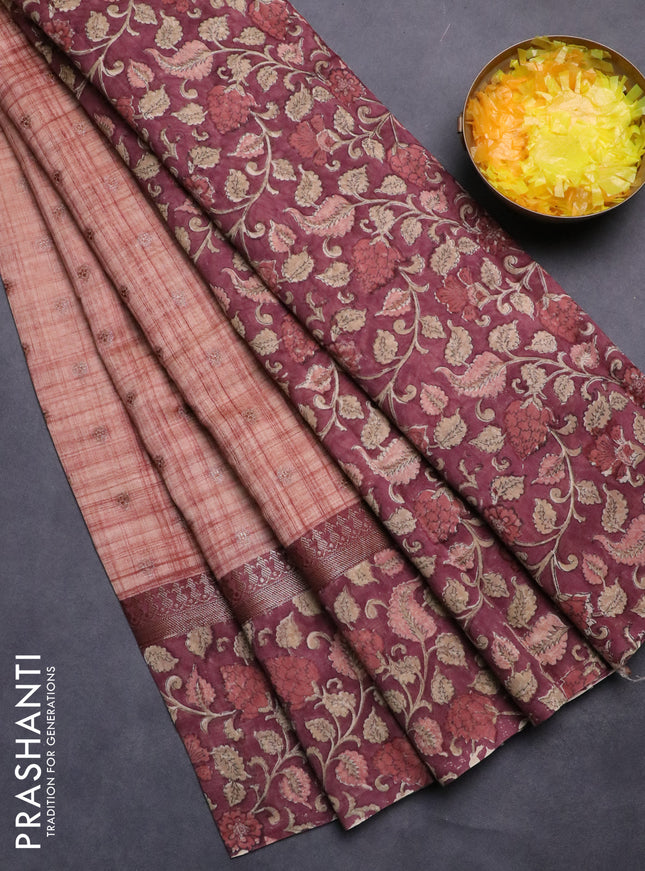 Chanderi silk cotton saree rust shade and pastel maroon with allover zari buttas and printed border