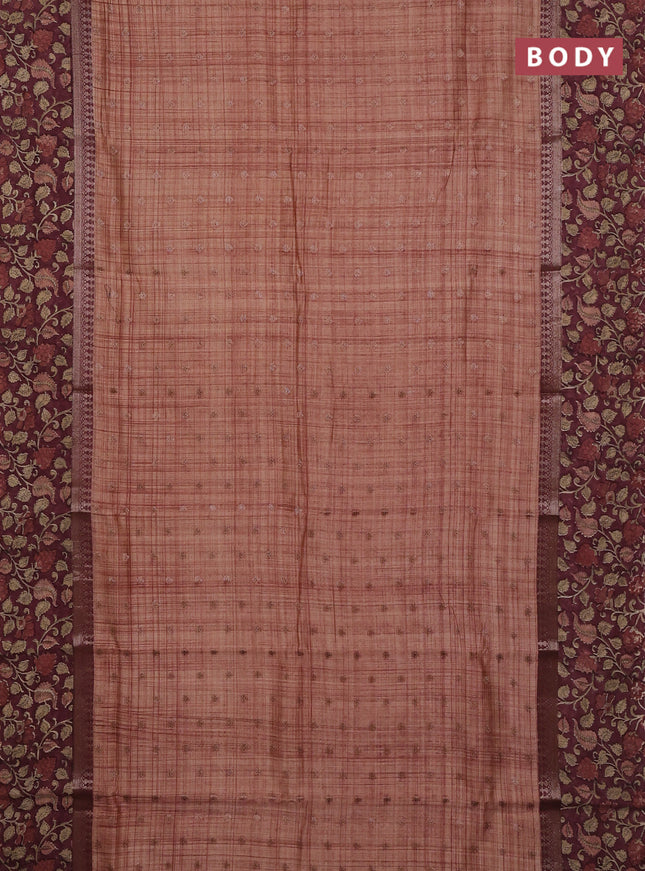 Chanderi silk cotton saree rust shade and pastel maroon with allover zari buttas and printed border