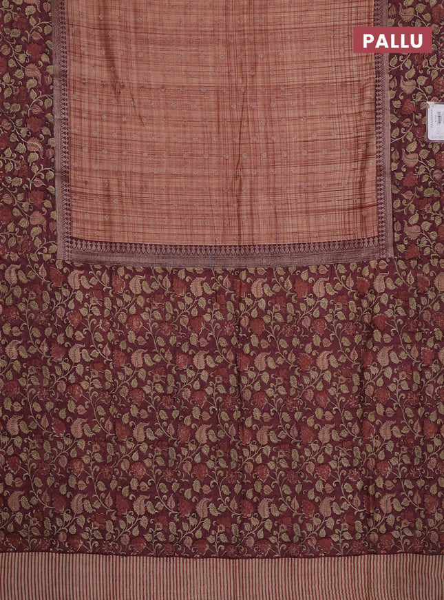 Chanderi silk cotton saree rust shade and pastel maroon with allover zari buttas and printed border