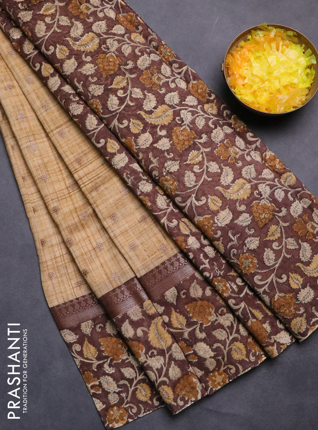 Chanderi silk cotton saree sandal and brown with allover zari buttas and printed border