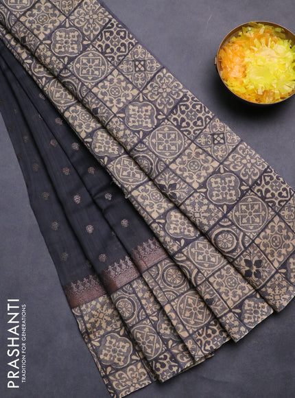 Chanderi silk cotton saree dark grey and beige with allover zari buttas and printed border