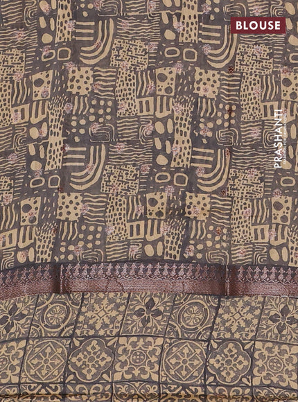 Chanderi silk cotton saree dark grey and beige with allover zari buttas and printed border