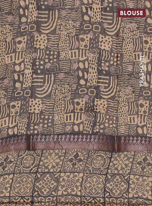 Chanderi silk cotton saree dark grey and beige with allover zari buttas and printed border