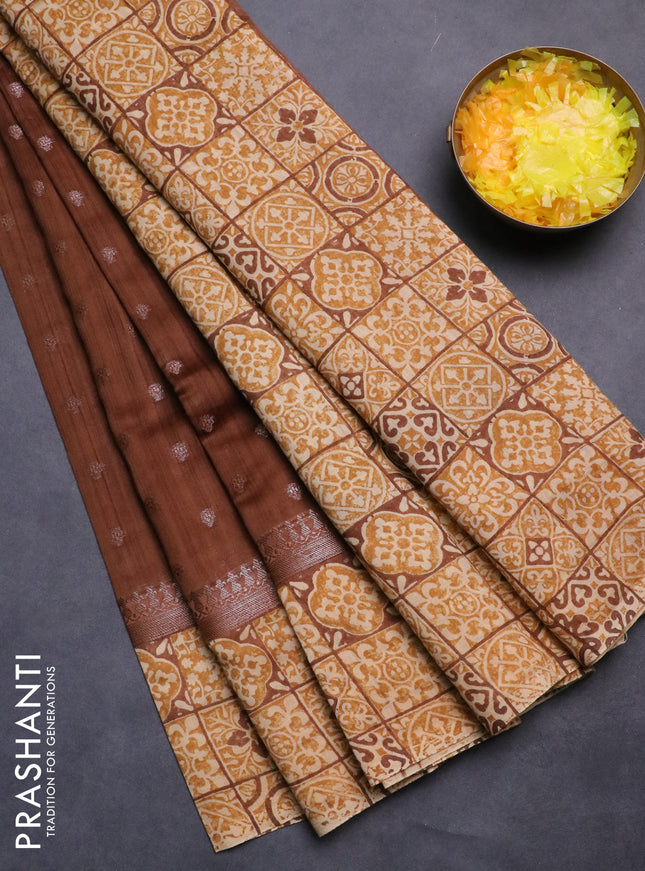 Chanderi silk cotton saree brown and beige with allover zari buttas and printed border