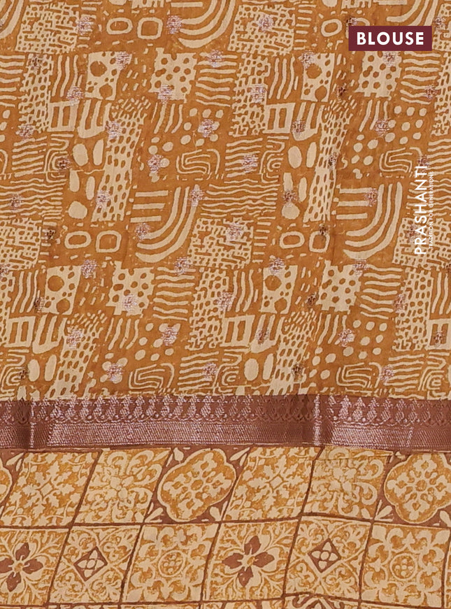 Chanderi silk cotton saree brown and beige with allover zari buttas and printed border