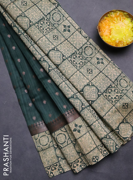 Chanderi silk cotton saree dark green and beige with allover zari buttas and printed border
