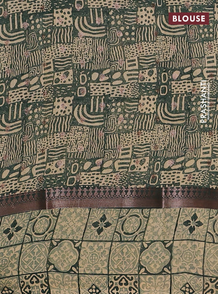 Chanderi silk cotton saree dark green and beige with allover zari buttas and printed border