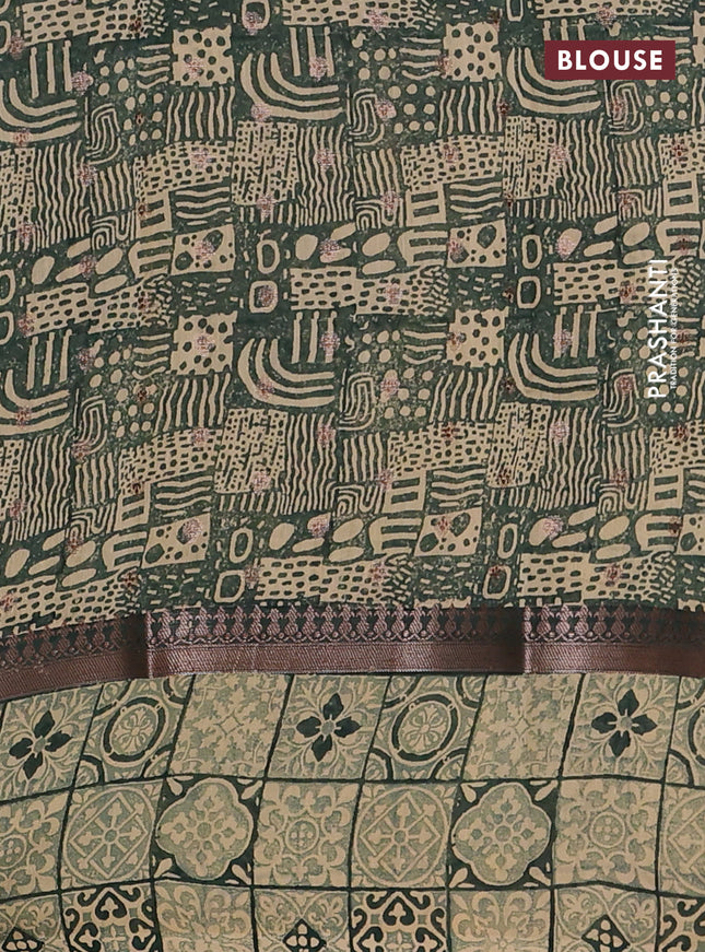 Chanderi silk cotton saree dark green and beige with allover zari buttas and printed border
