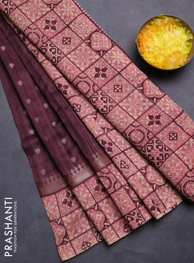 Chanderi silk cotton saree wine shade and beige with allover zari buttas and printed border