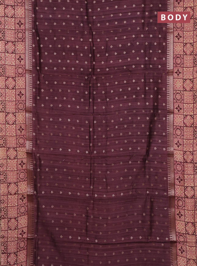 Chanderi silk cotton saree wine shade and beige with allover zari buttas and printed border