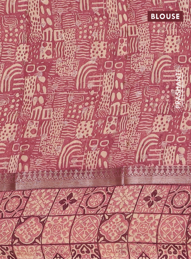 Chanderi silk cotton saree wine shade and beige with allover zari buttas and printed border