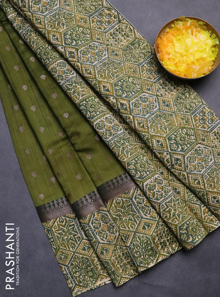 Chanderi silk cotton saree sap green and beige with allover zari buttas and printed border